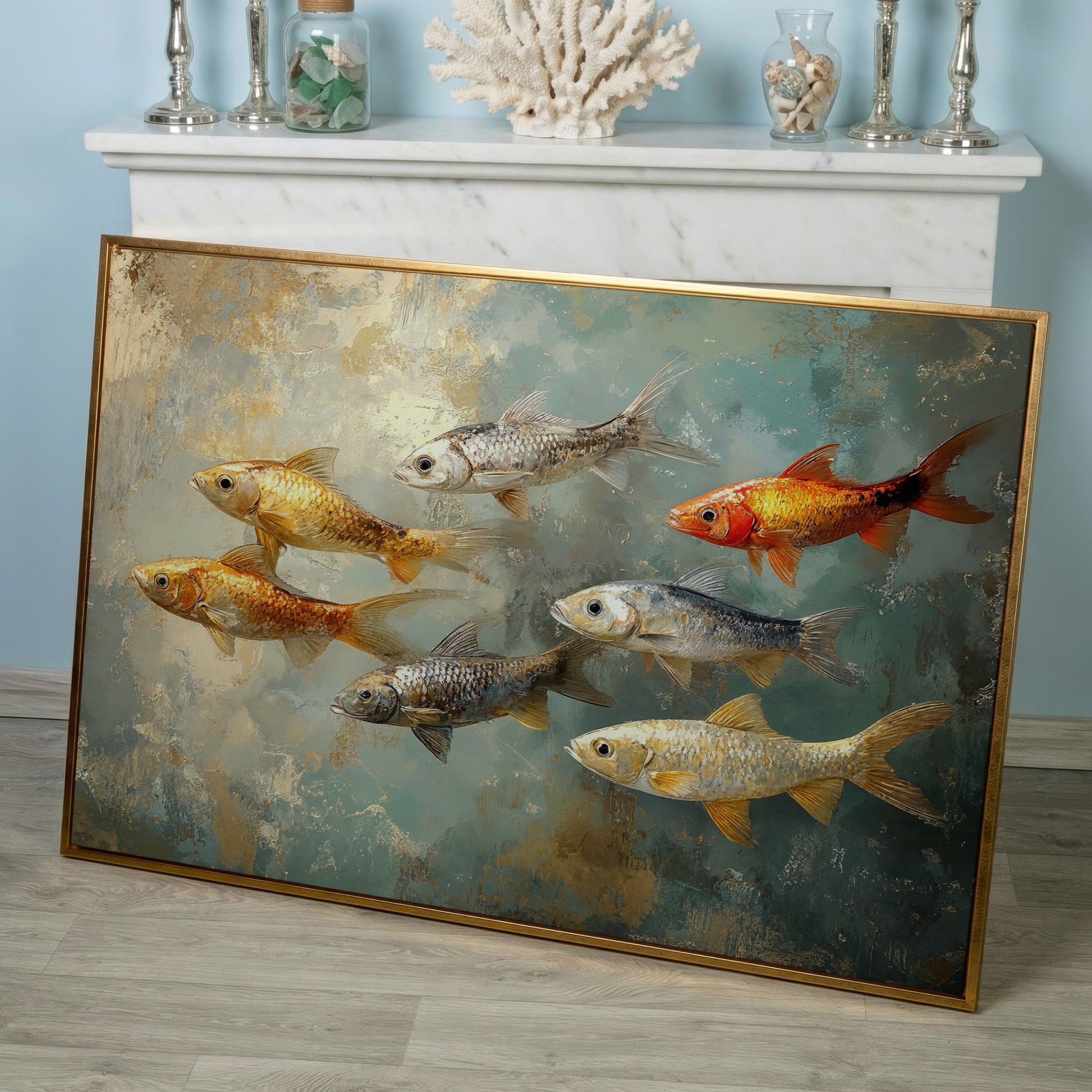 Colorful Fish Canvas Print in rose gold floating frame