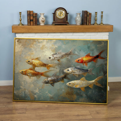 Colorful Fish Canvas Print in yellow gold floating frame