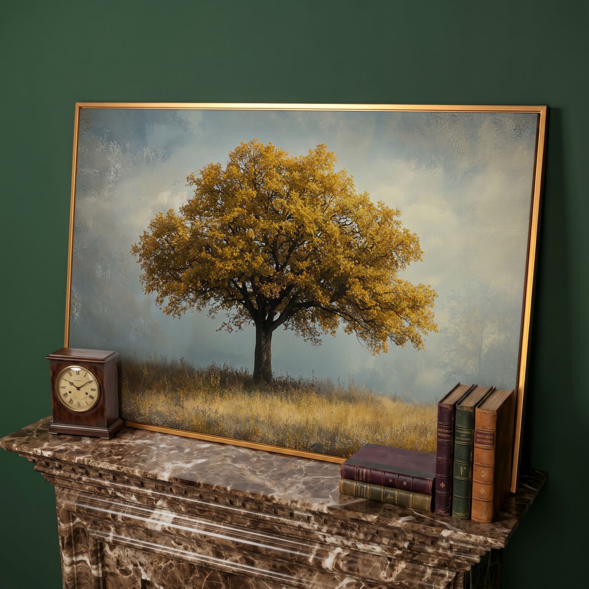 Autumn Landscape with Lone Tree Canvas in antique gold floating frame