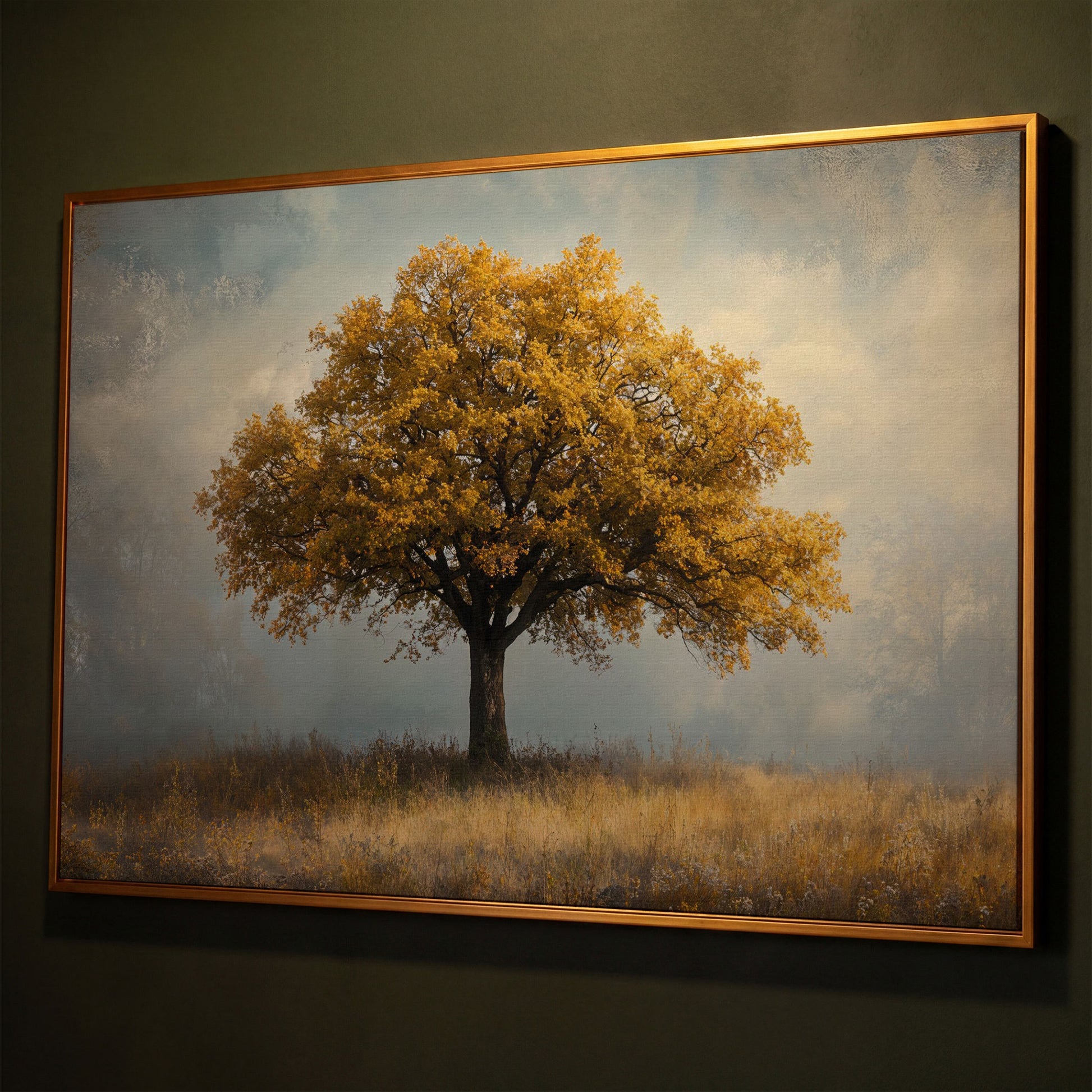 Autumn Landscape with Lone Tree Canvas shown in antique gold floating frame
