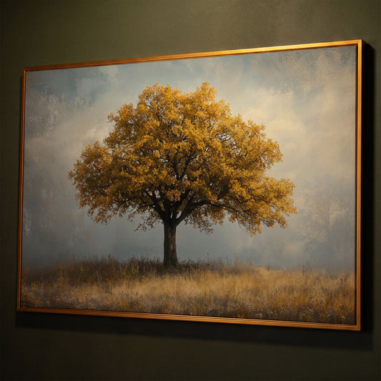Autumn Landscape with Lone Tree Canvas shown in antique gold floating frame