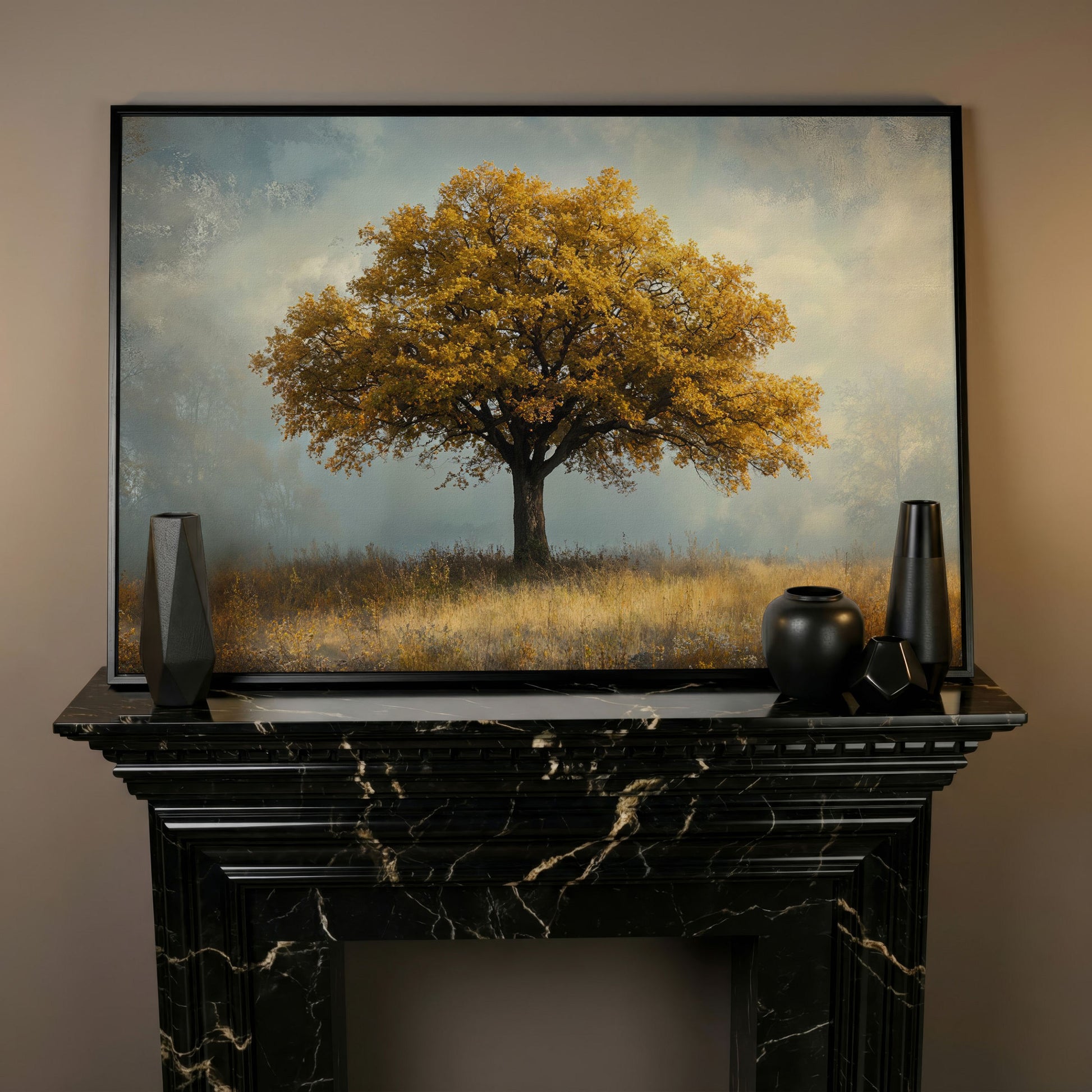 Autumn Landscape with Lone Tree Canvas in black floating frame