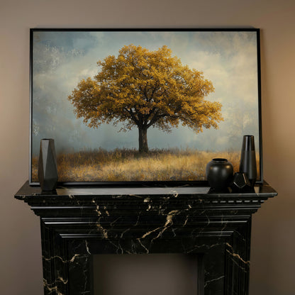 Autumn Landscape with Lone Tree Canvas in black floating frame