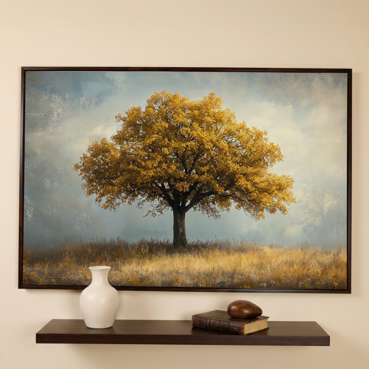 Autumn Landscape with Lone Tree Canvas in dark walnut floating frame