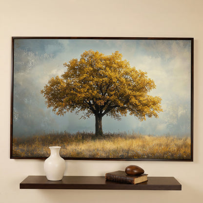 Autumn Landscape with Lone Tree Canvas in dark walnut floating frame
