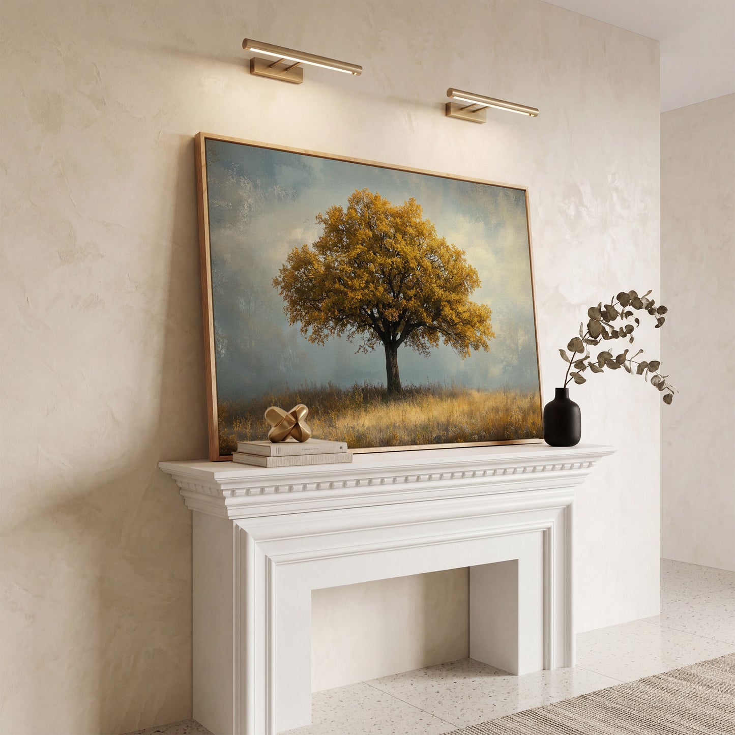 Autumn Landscape with Lone Tree Canvas in white oak floating frame