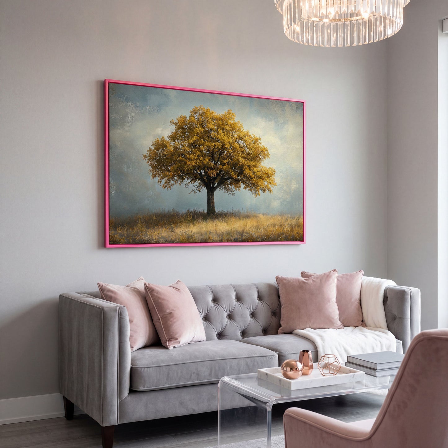 Autumn Landscape with Lone Tree Canvas in pink floating frame