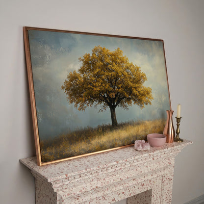 Autumn Landscape with Lone Tree Canvas in rose gold floating frame