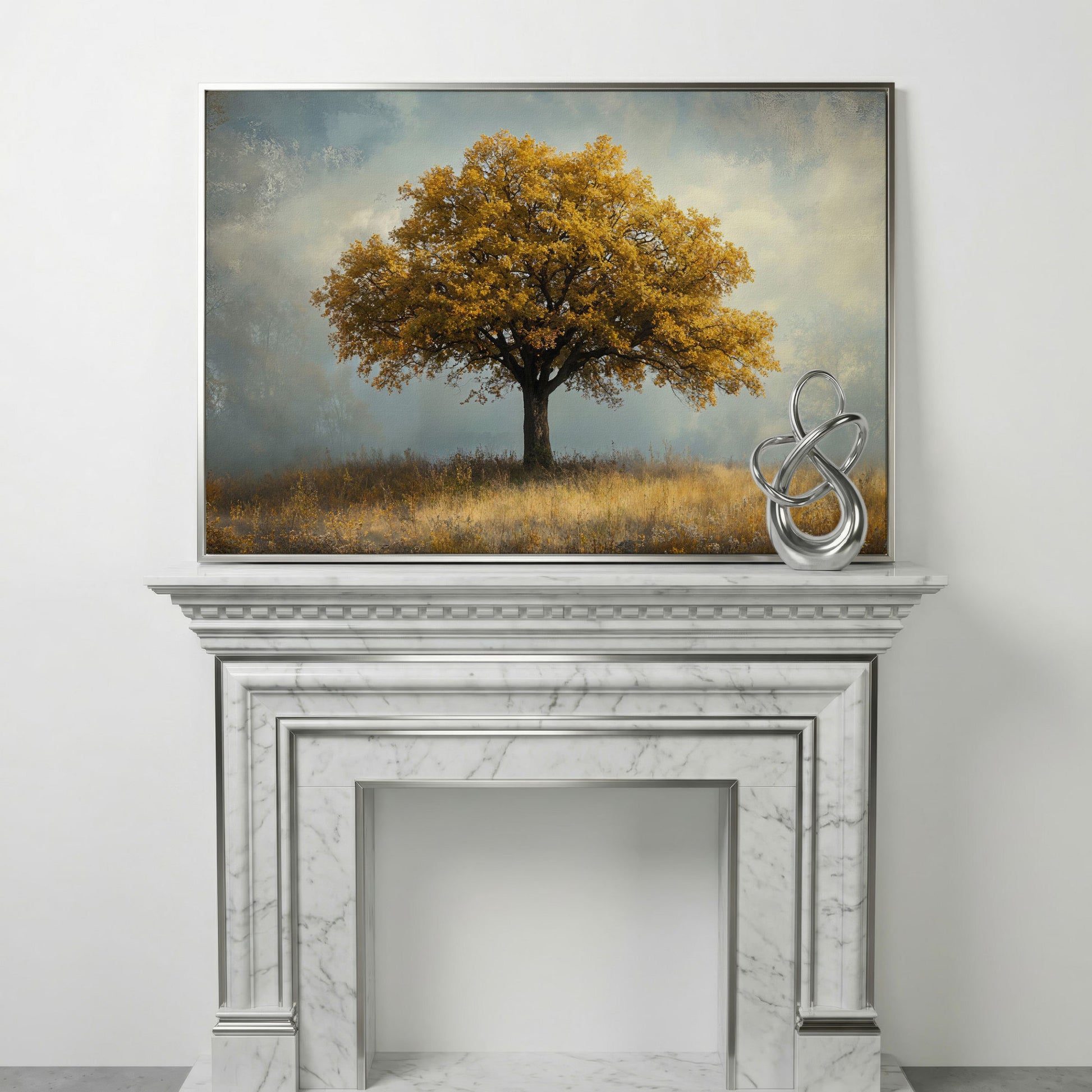 Autumn Landscape with Lone Tree Canvas in silver floating frame