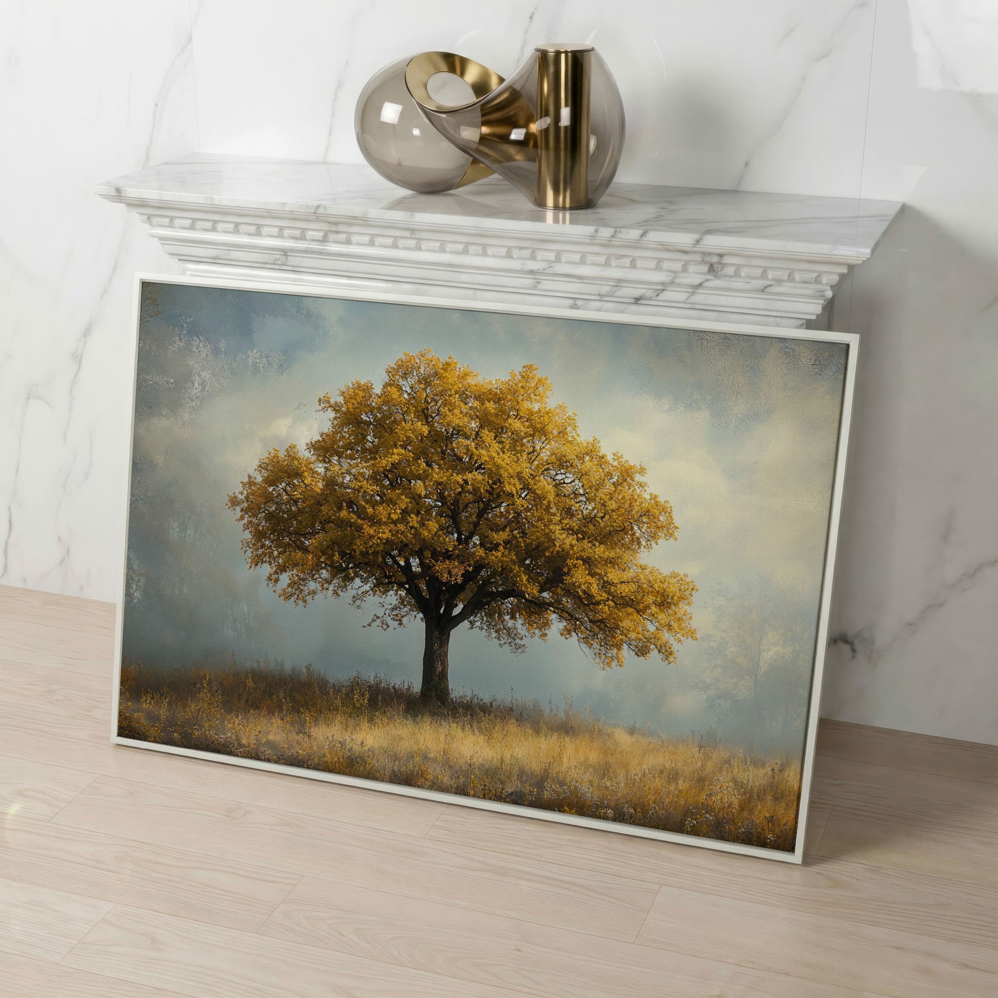 Autumn Landscape with Lone Tree Canvas in white floating frame