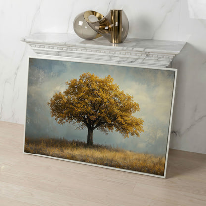 Autumn Landscape with Lone Tree Canvas in white floating frame
