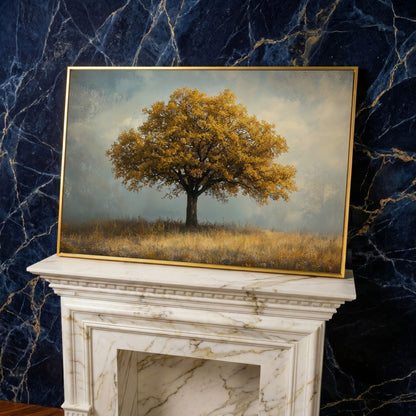 Autumn Landscape with Lone Tree Canvas in yellow gold floating frame