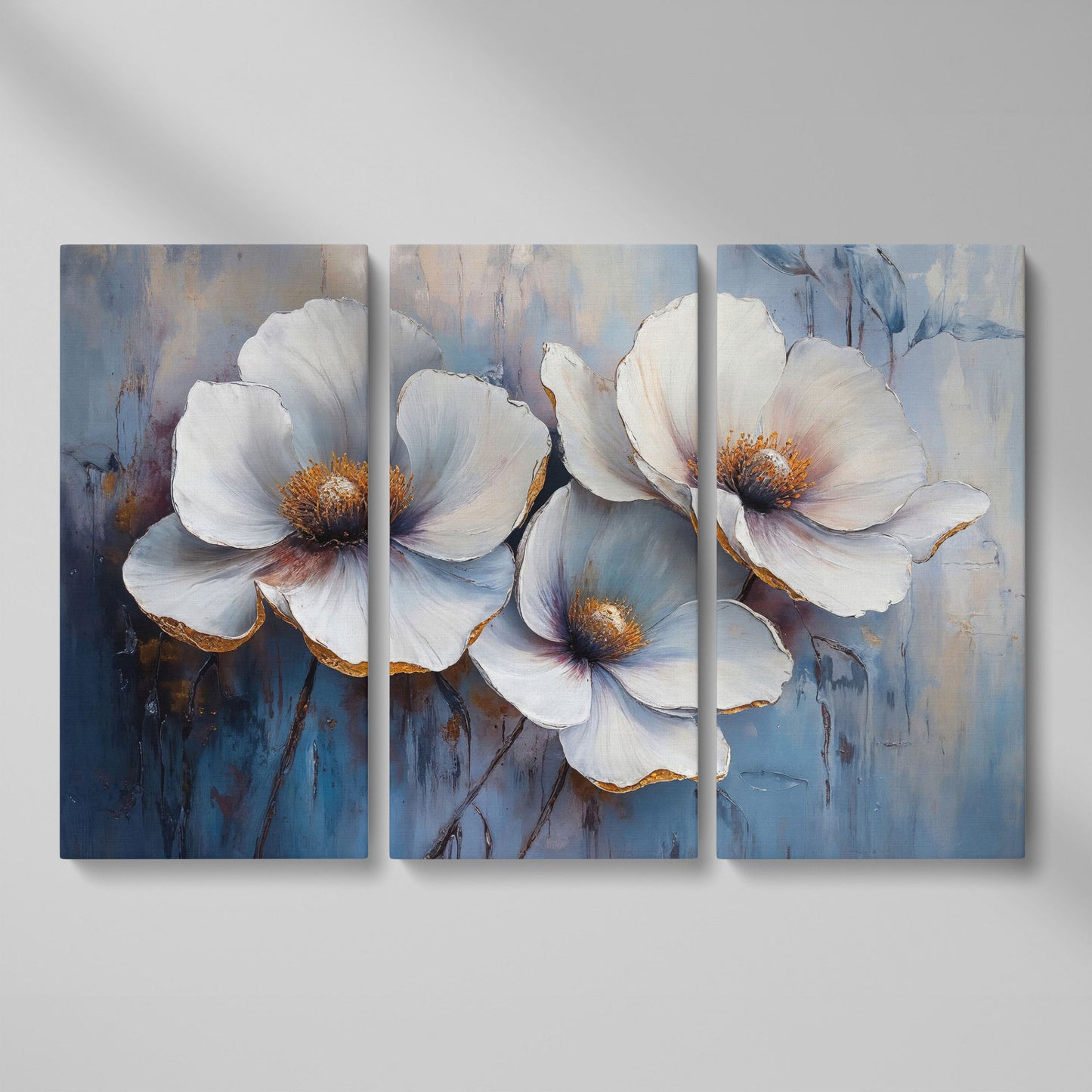 White Flowers on Dusty Blue Canvas as 3-panel split version