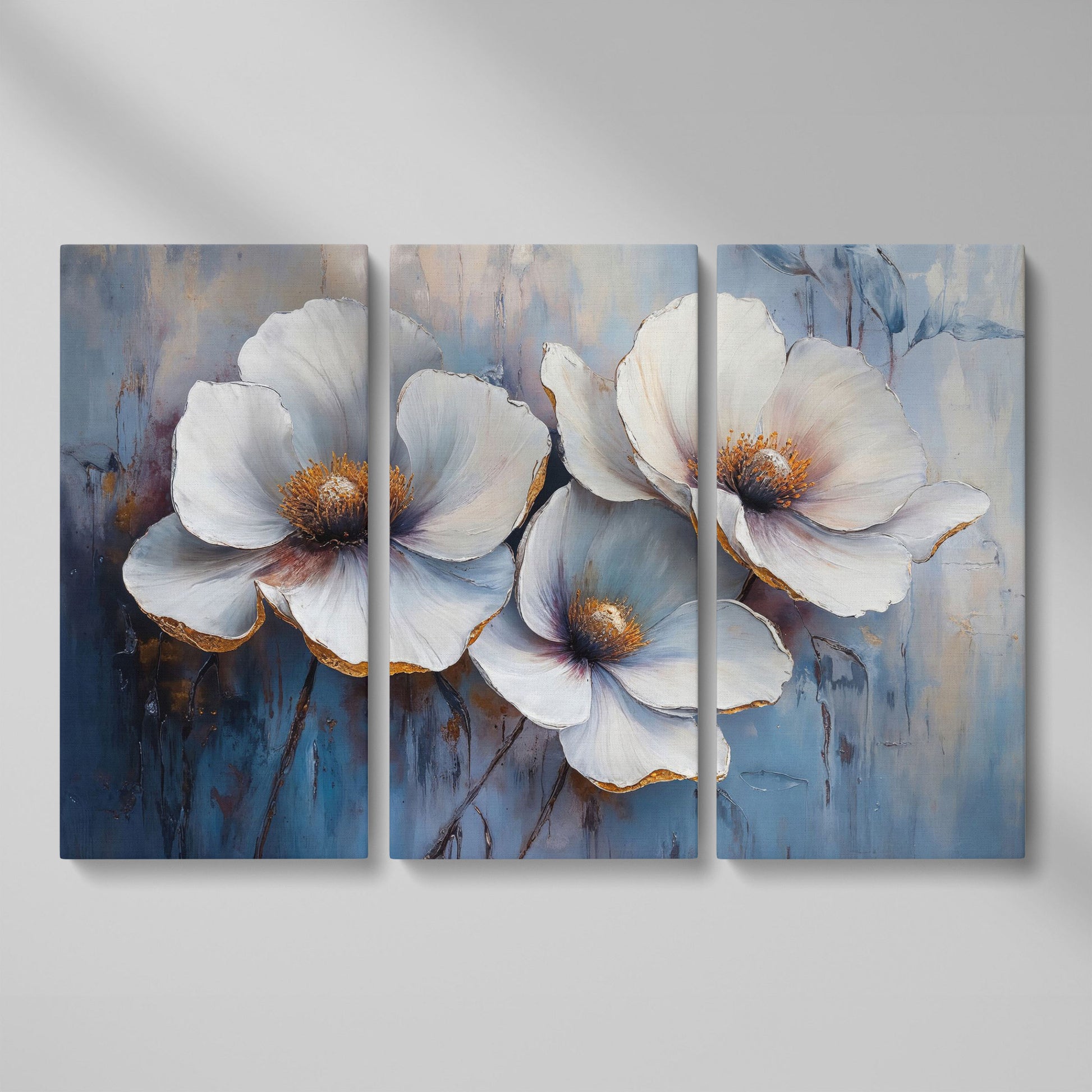White Flowers on Dusty Blue Canvas as 3-panel split version