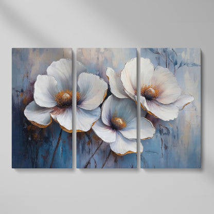 White Flowers on Dusty Blue Canvas as 3-panel split version