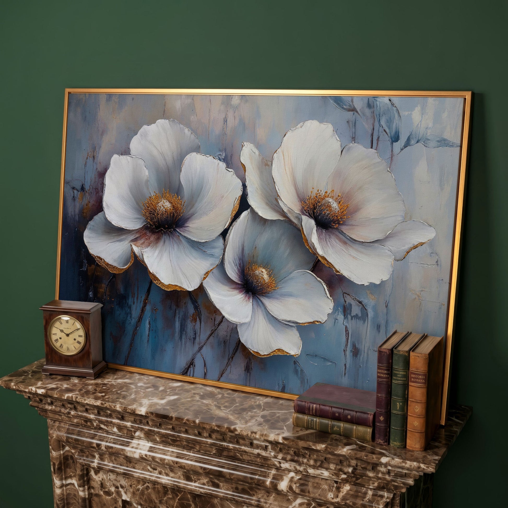 White Flowers on Dusty Blue Canvas in antique gold floating frame
