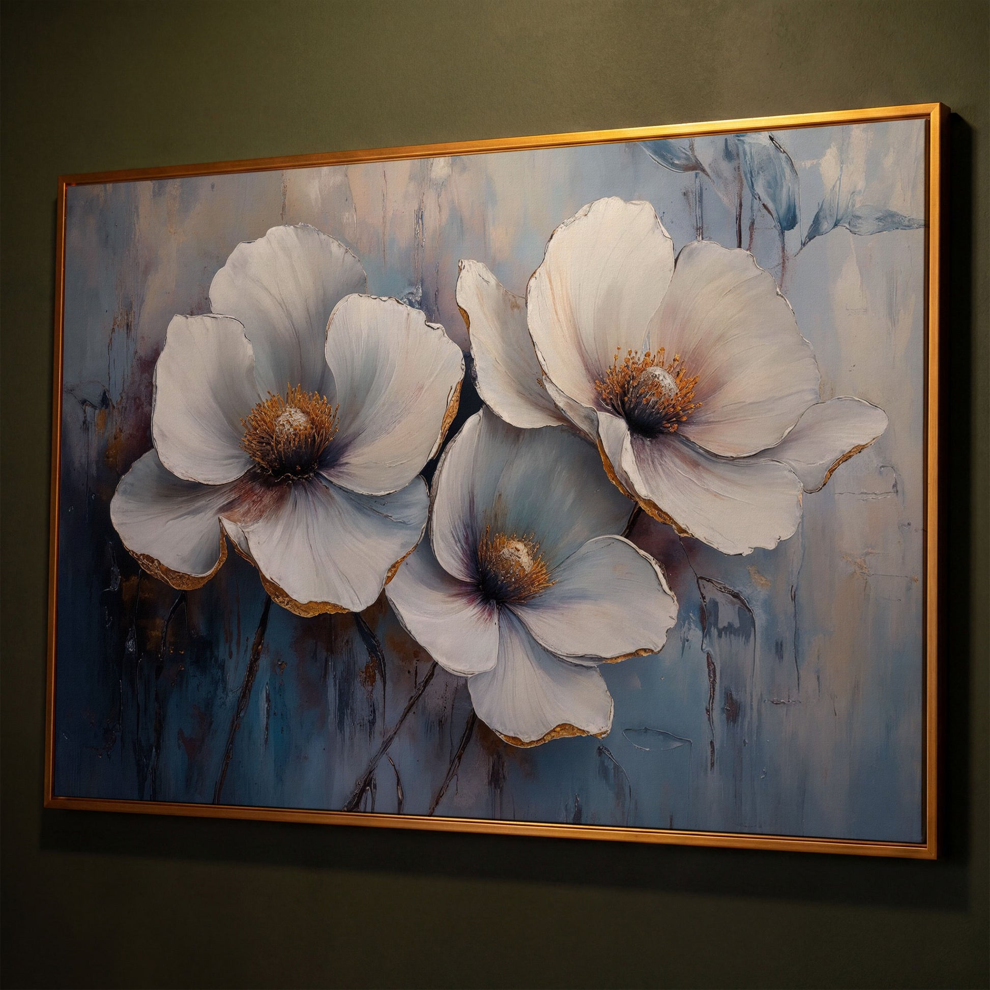 White Flowers on Dusty Blue Canvas shown in antique gold floating frame