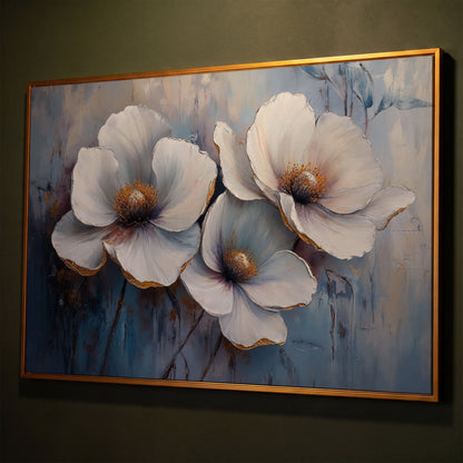 White Flowers on Dusty Blue Canvas shown in antique gold floating frame