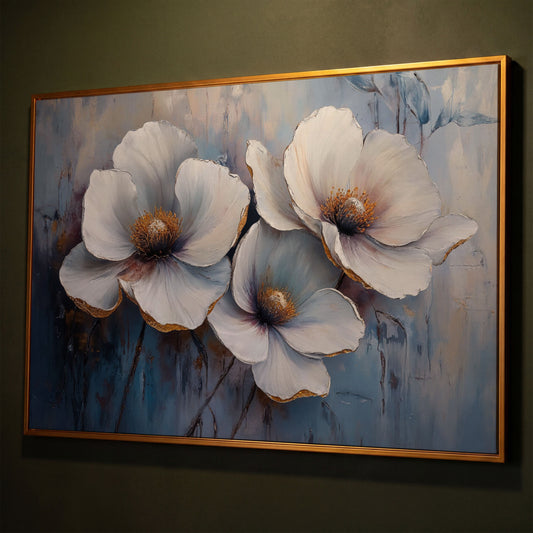 White Flowers on Dusty Blue Canvas shown in antique gold floating frame