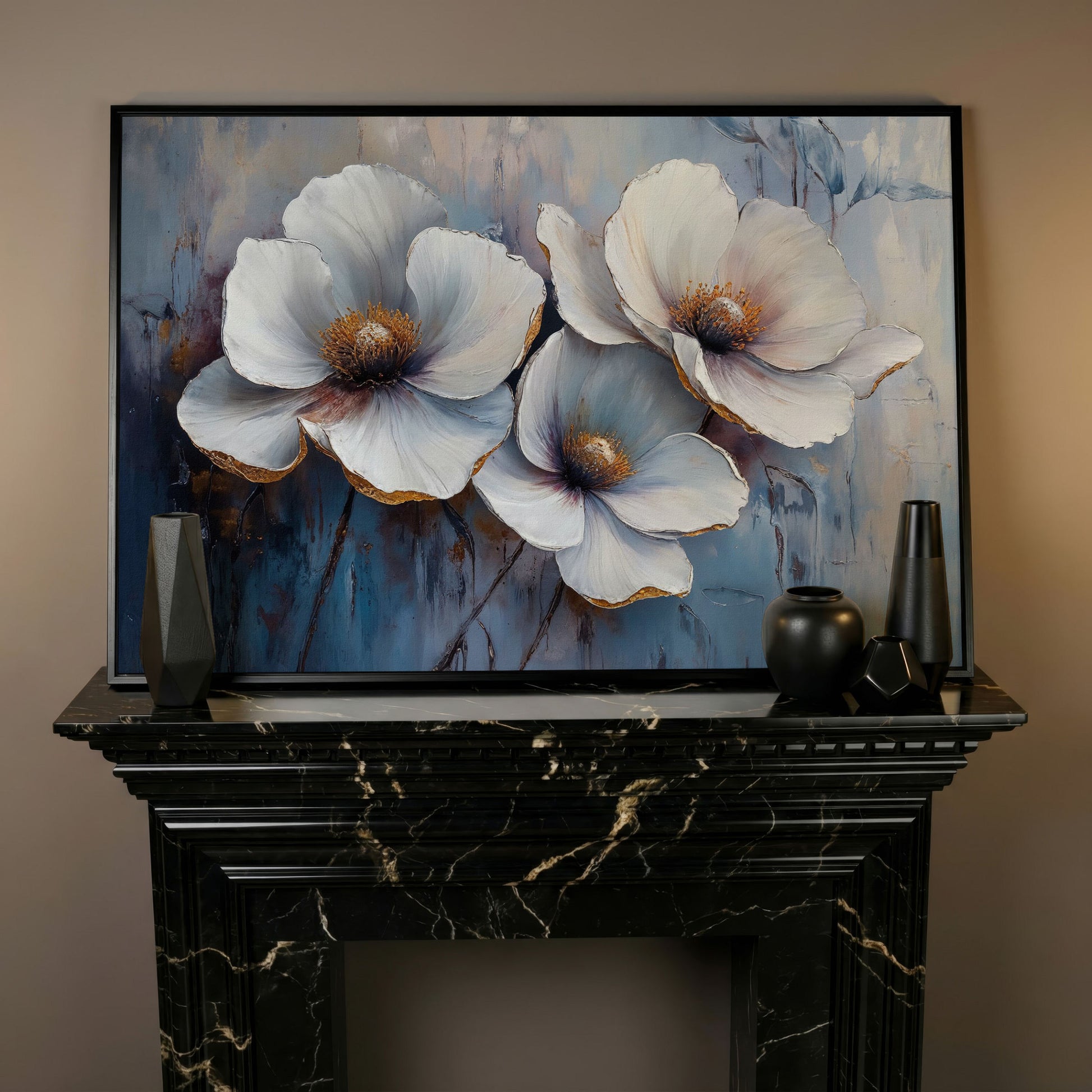 White Flowers on Dusty Blue Canvas in black floating frame