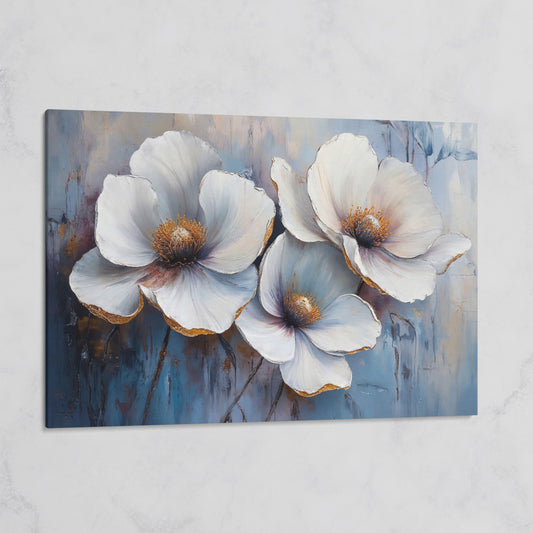 White Flowers on Dusty Blue Canvas on gallery wrap