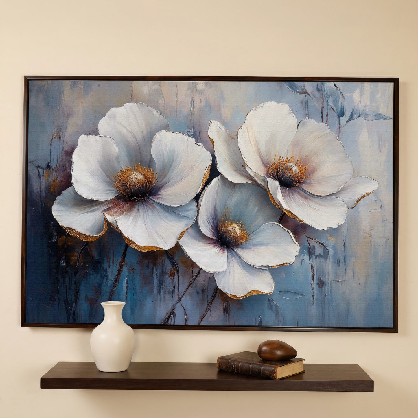 White Flowers on Dusty Blue Canvas in dark walnut floating frame