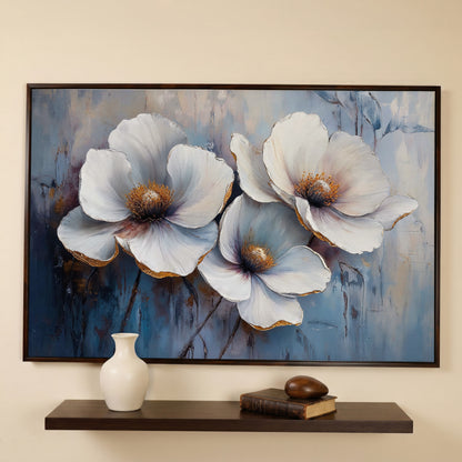 White Flowers on Dusty Blue Canvas in dark walnut floating frame