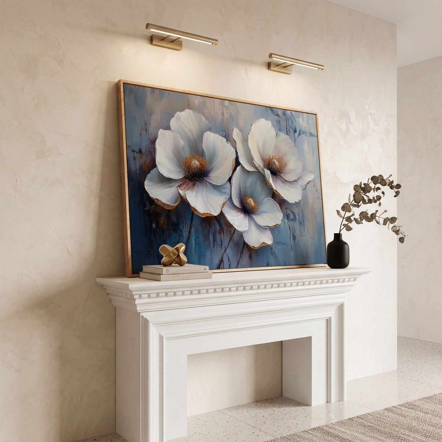 White Flowers on Dusty Blue Canvas in white oak floating frame