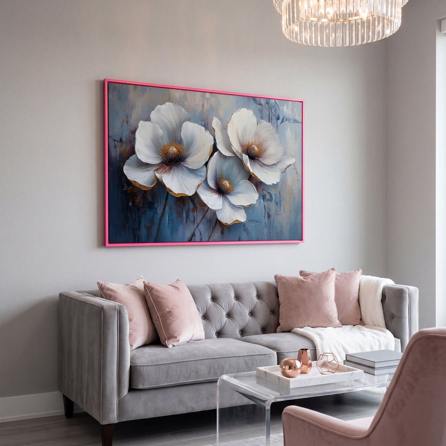 White Flowers on Dusty Blue Canvas in pink floating frame