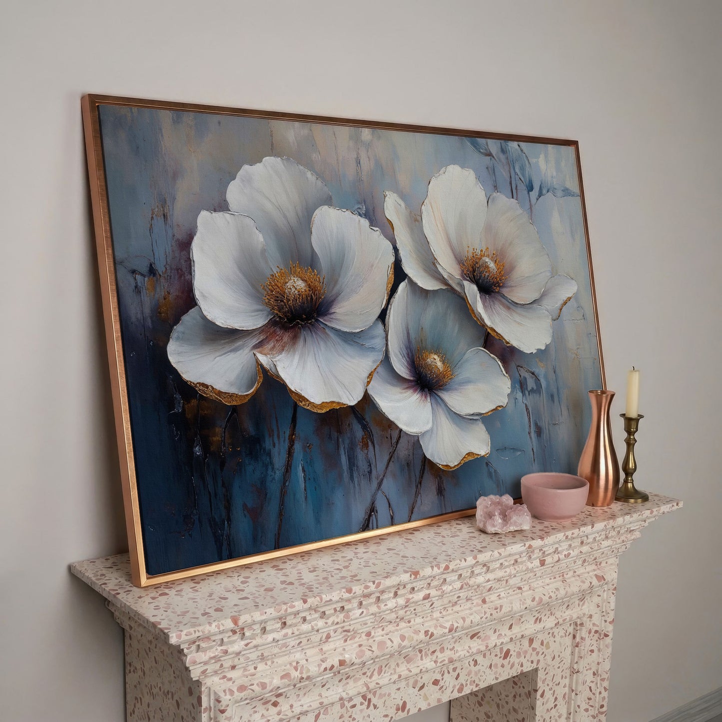 White Flowers on Dusty Blue Canvas in rose gold floating frame