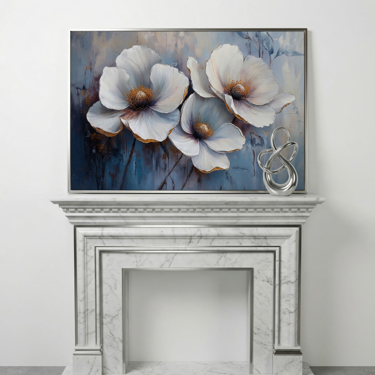 White Flowers on Dusty Blue Canvas in silver floating frame