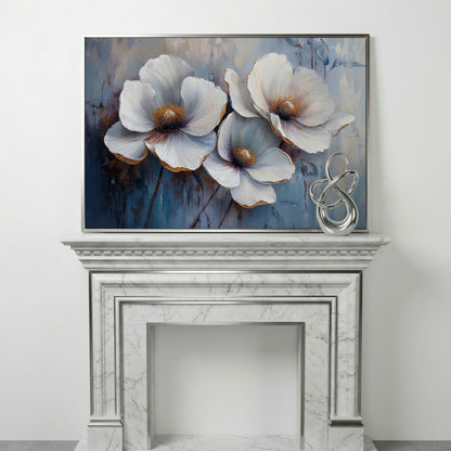 White Flowers on Dusty Blue Canvas in silver floating frame