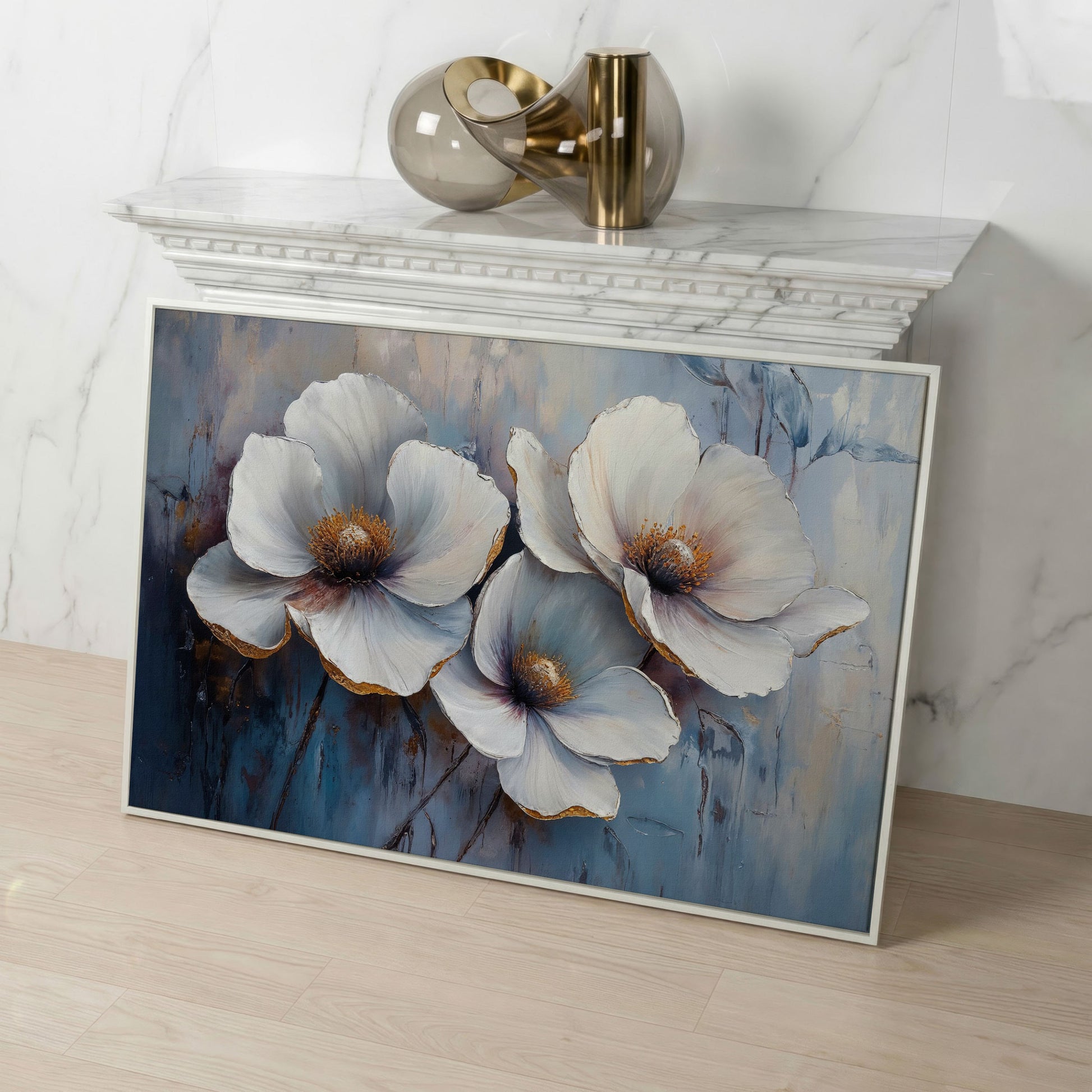 White Flowers on Dusty Blue Canvas in white floating frame