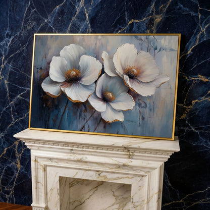 White Flowers on Dusty Blue Canvas in yellow gold floating frame