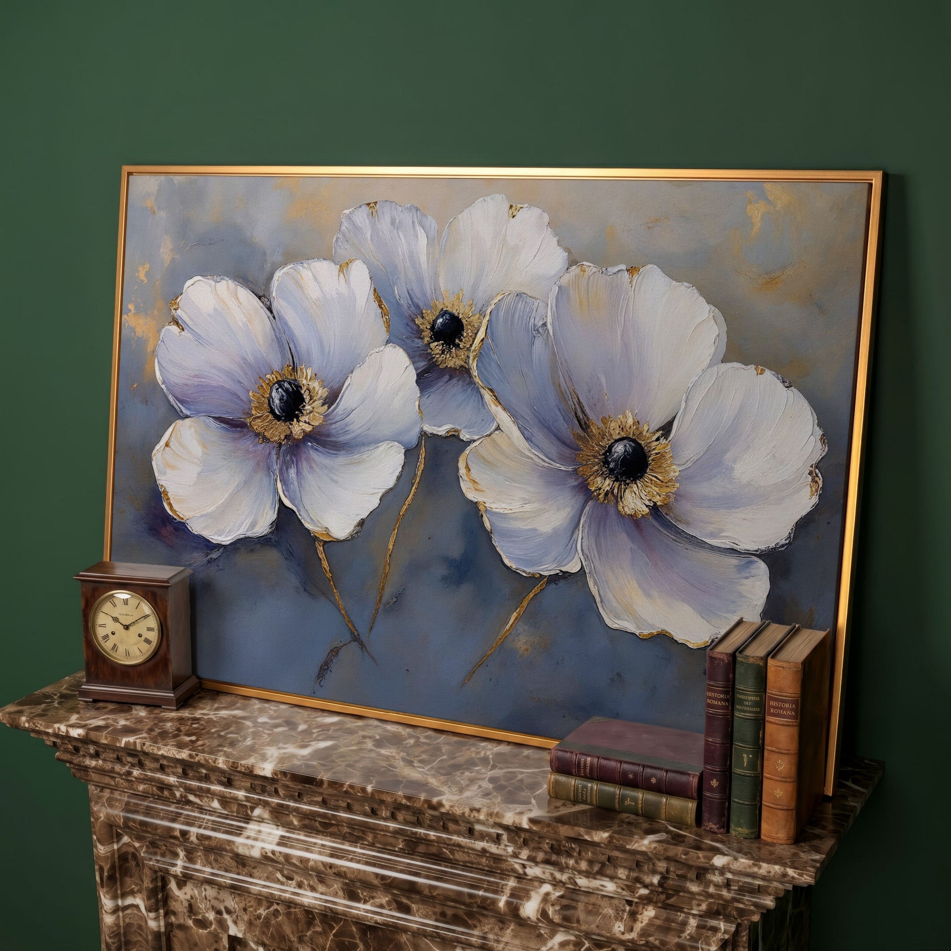 Lavender Orchids with Gold Centers Canvas Print in antique gold floating frame