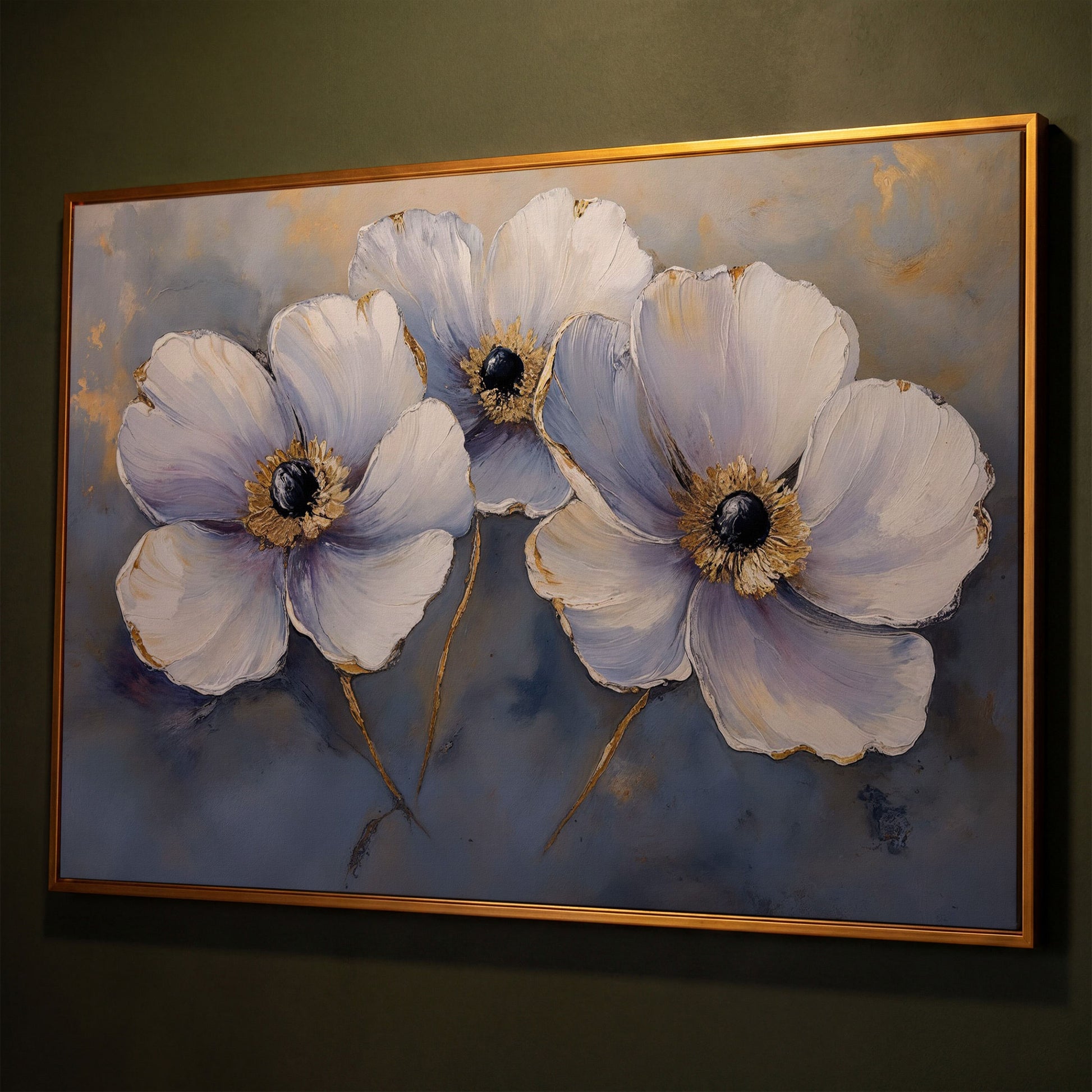 Lavender Orchids with Gold Centers Canvas Print shown in antique gold floating frame