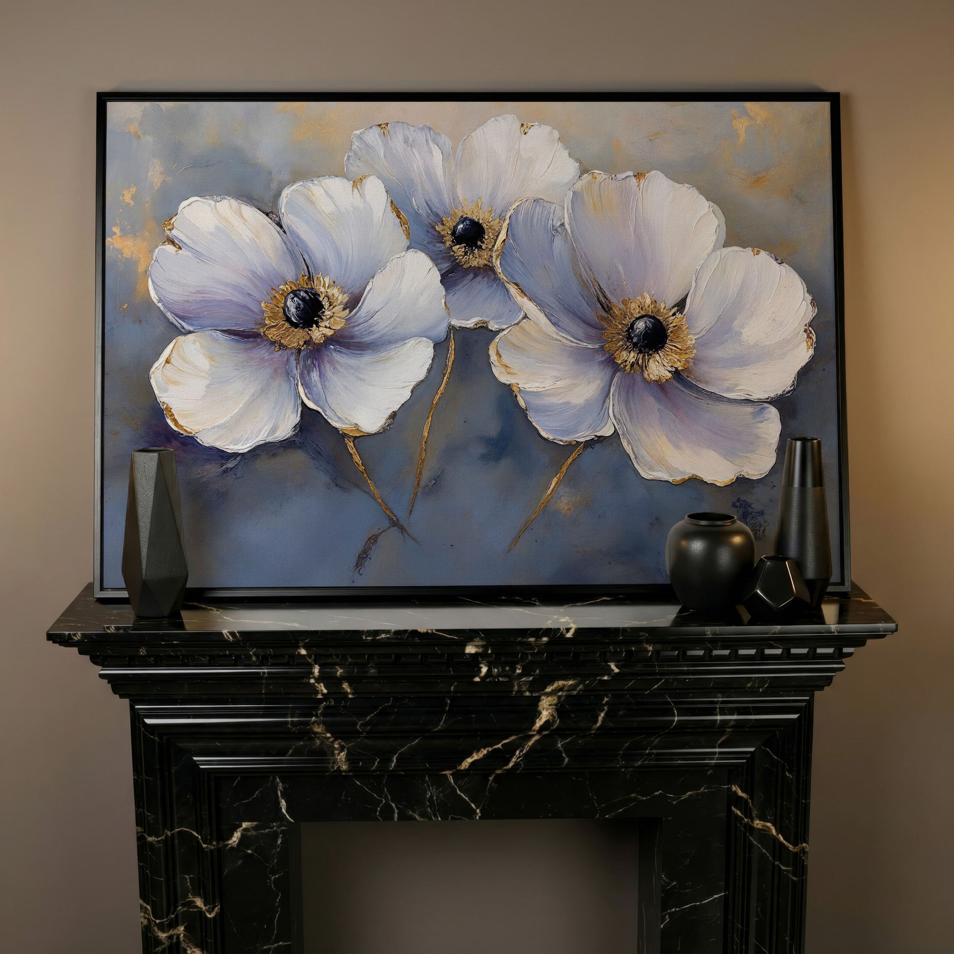 Lavender Orchids with Gold Centers Canvas Print in black floating frame