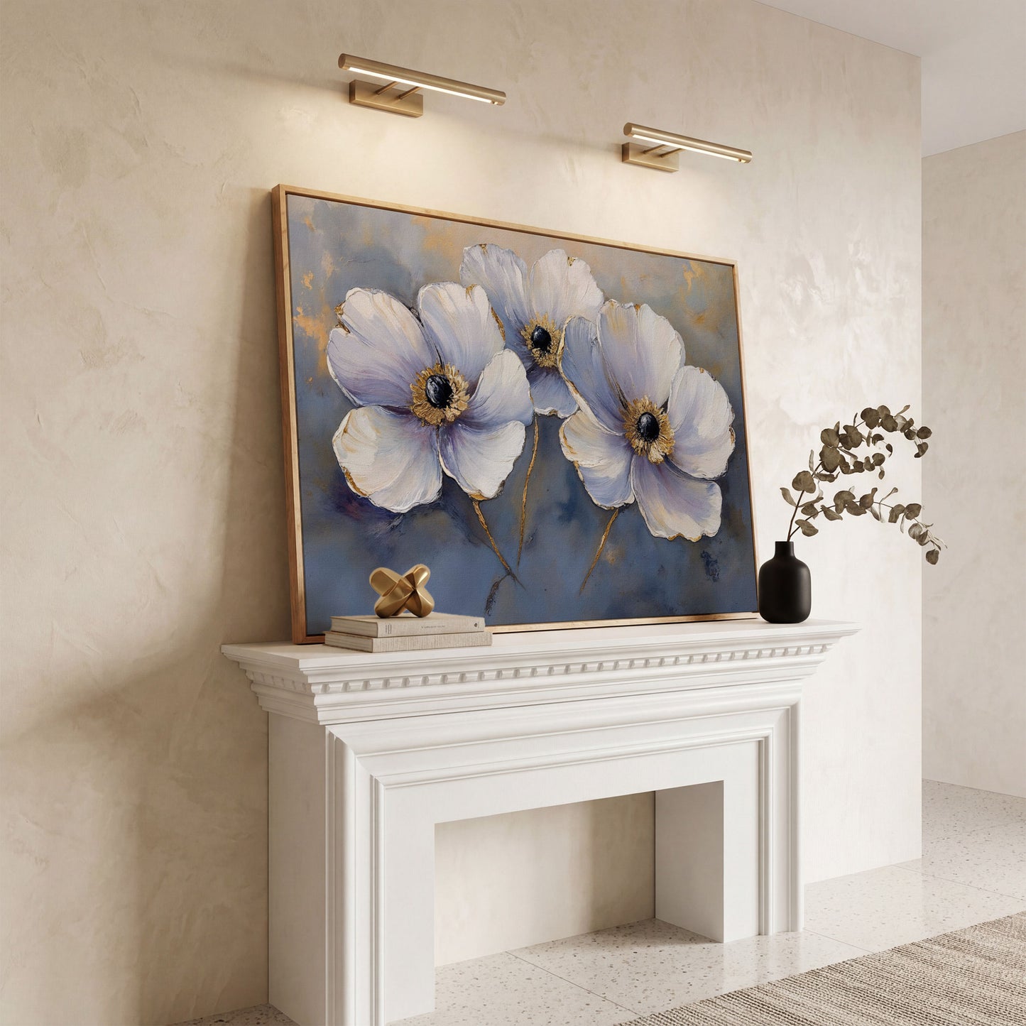 Lavender Orchids with Gold Centers Canvas Print in white oak floating frame