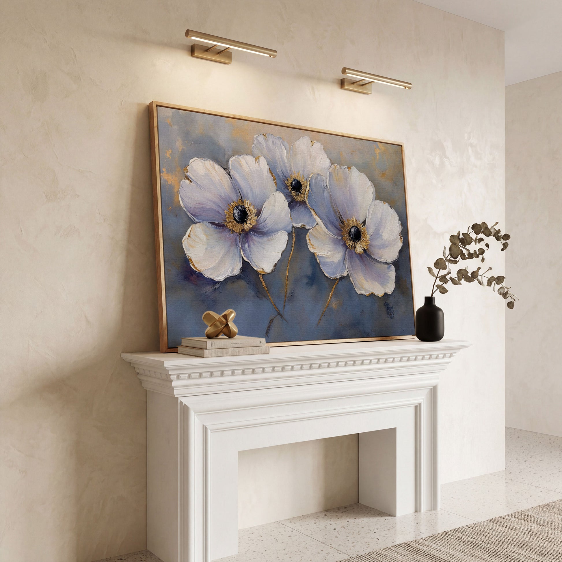 Lavender Orchids with Gold Centers Canvas Print in white oak floating frame