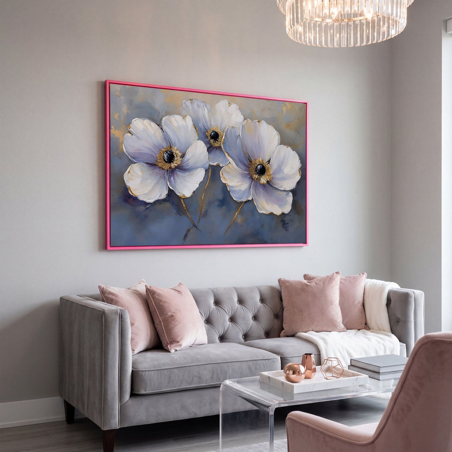 Lavender Orchids with Gold Centers Canvas Print in pink floating frame
