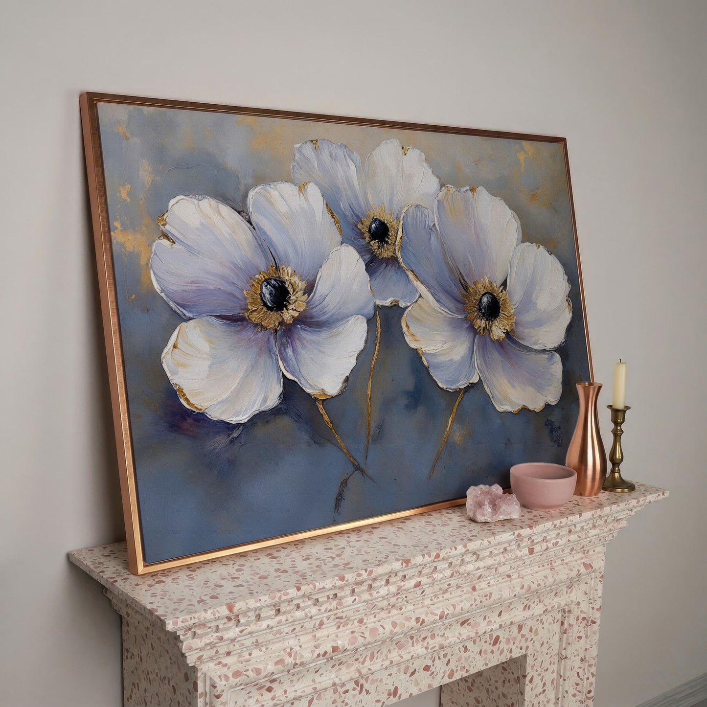 Lavender Orchids with Gold Centers Canvas Print in rose gold floating frame