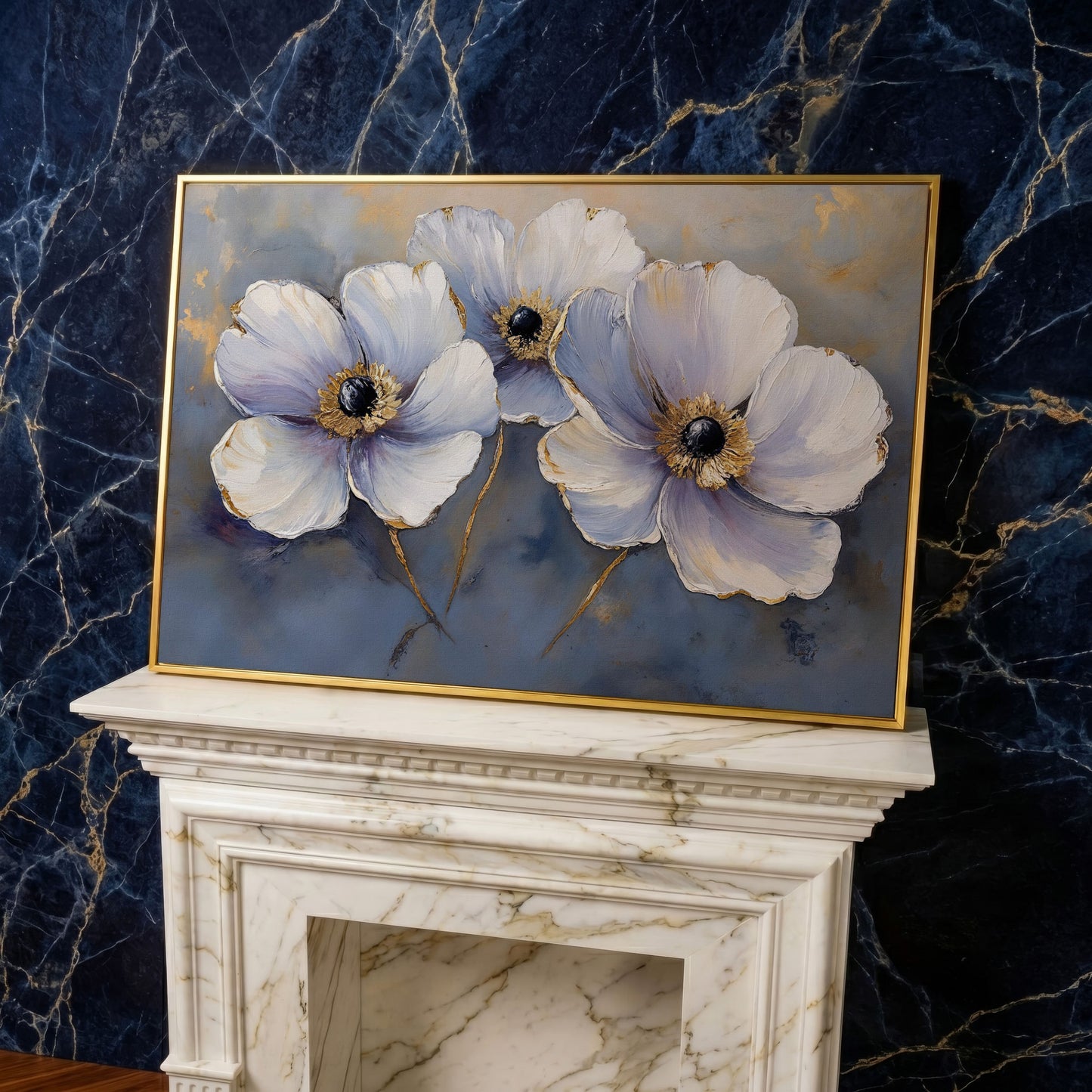 Lavender Orchids with Gold Centers Canvas Print in yellow gold floating frame