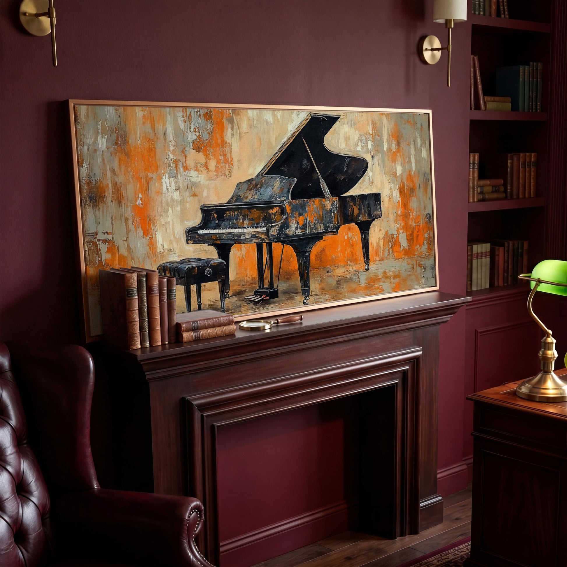 Grand Piano Canvas Print in antique gold floating frame