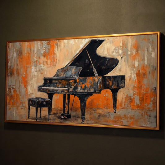 Grand Piano Canvas Print shown in antique gold floating frame