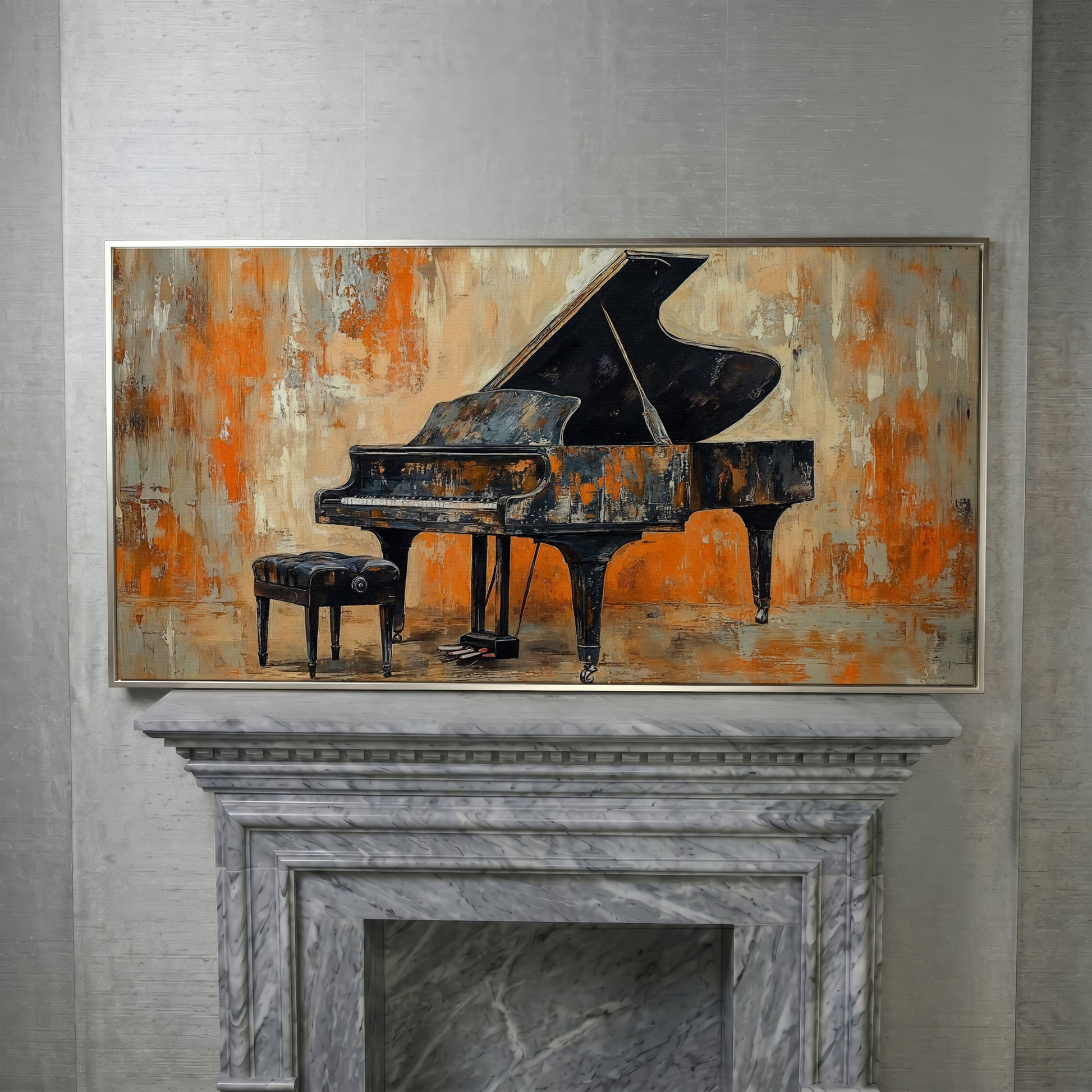 Grand Piano Canvas Print in silver floating frame