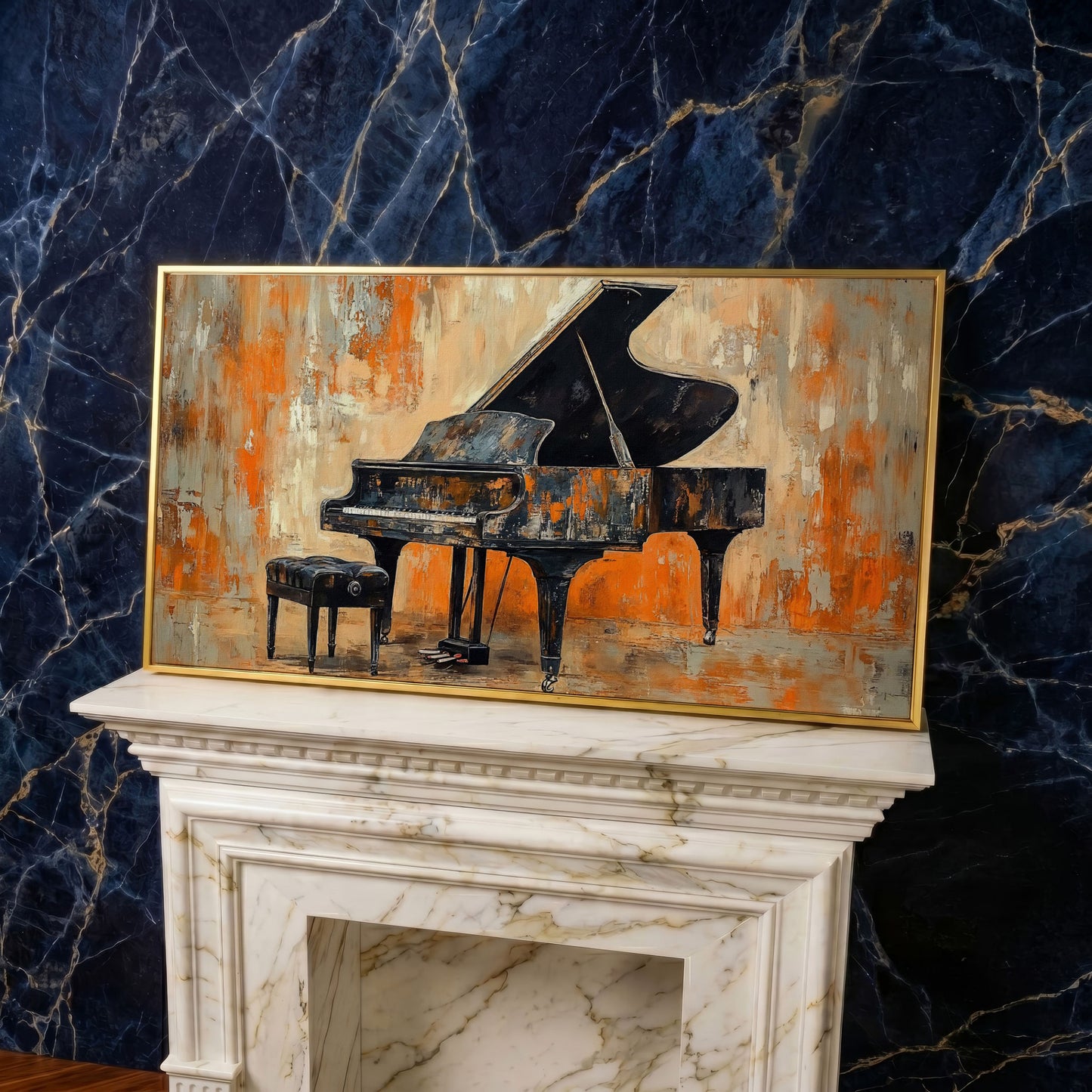 Grand Piano Canvas Print in yellow gold floating frame