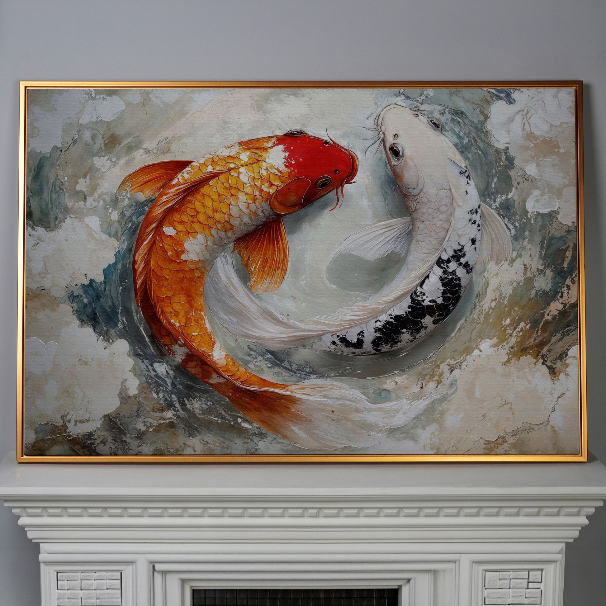 Yin Yang Koi Fish Canvas in antique gold floating frame
