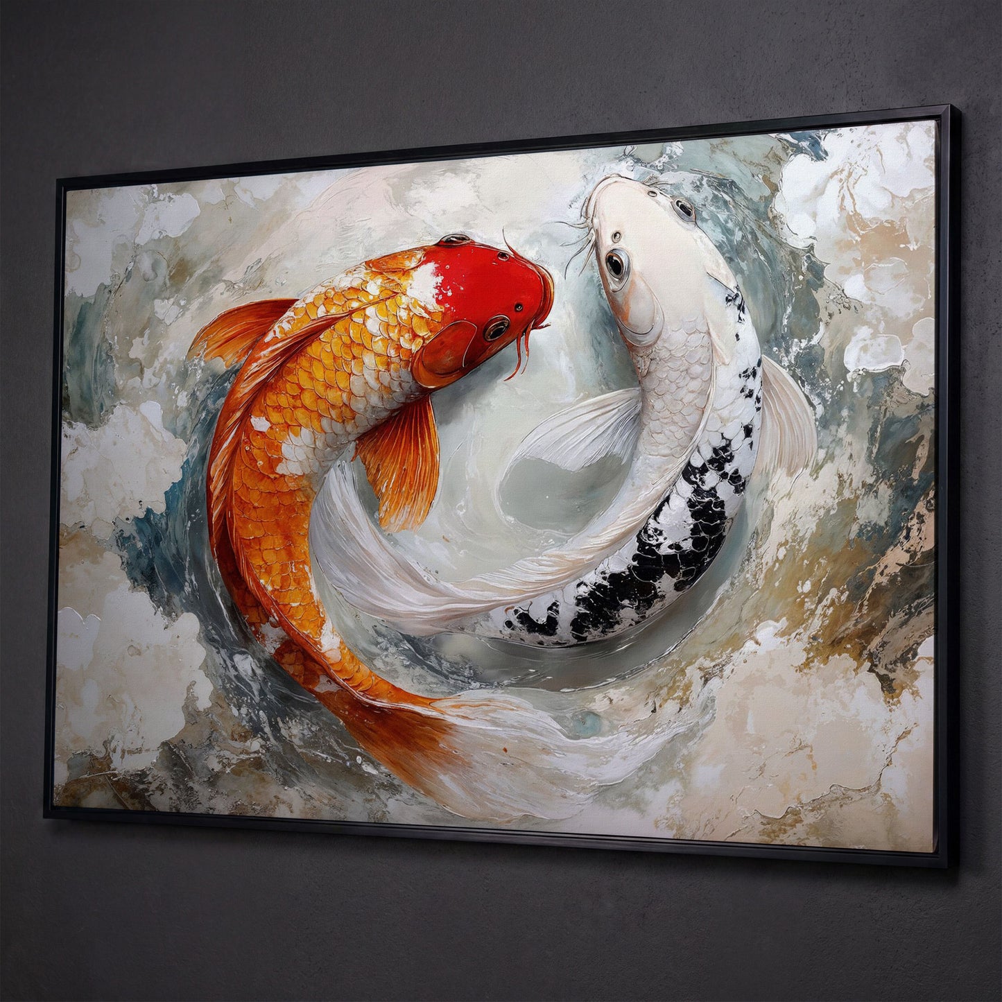 Yin Yang Koi Fish Canvas shown in black floating frame