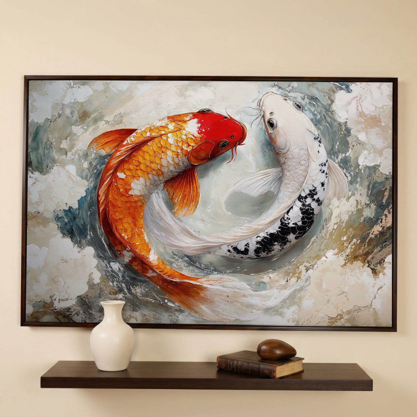 Yin Yang Koi Fish Canvas in dark walnut floating frame