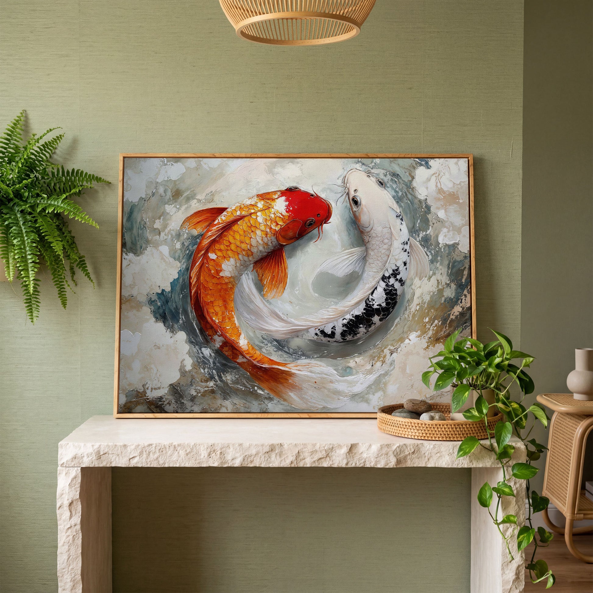 Yin Yang Koi Fish Canvas in white oak floating frame